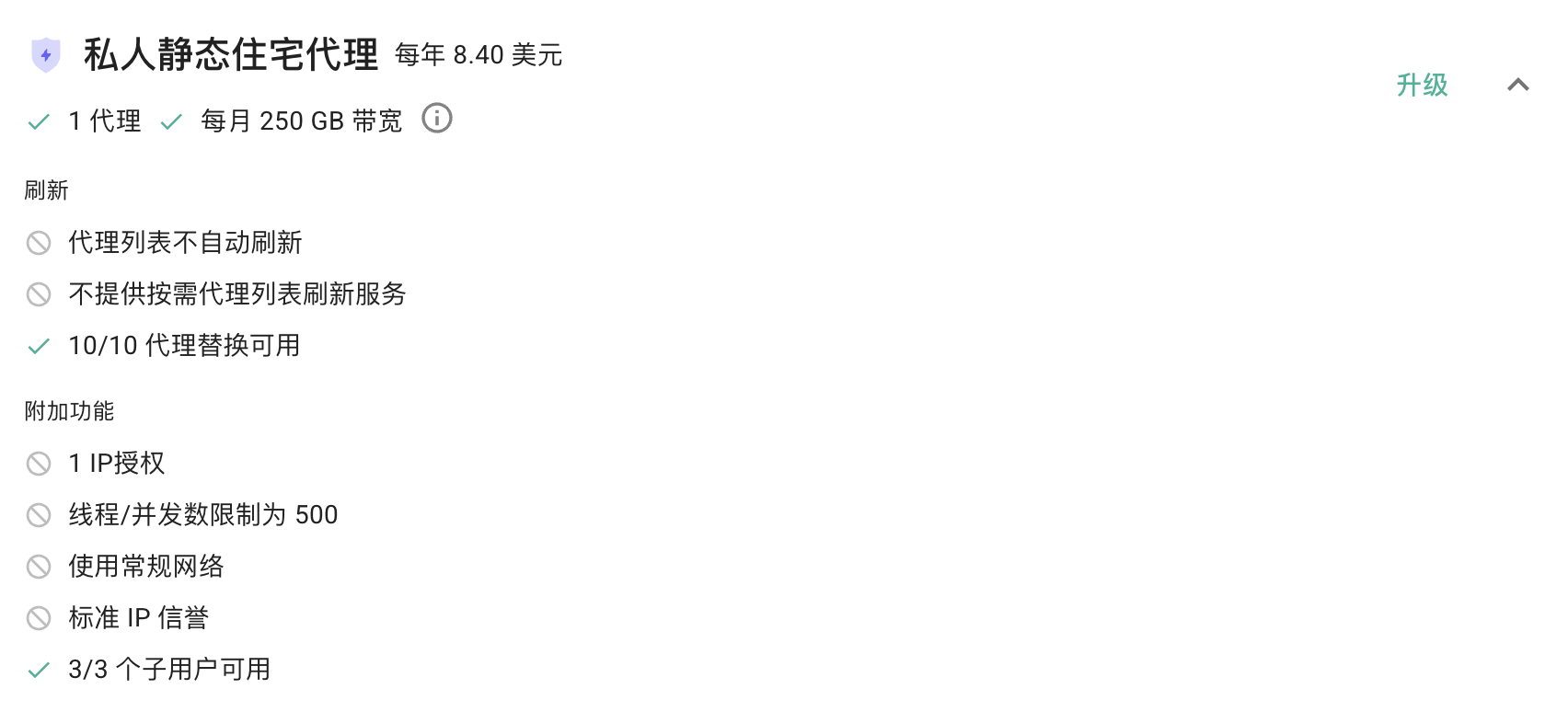 Webshare 私人静态住宅代理套餐页面示例